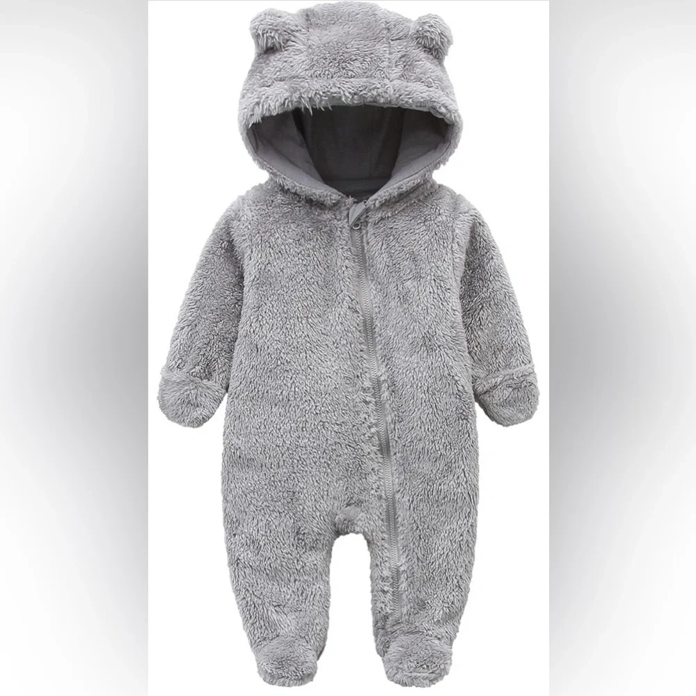 Baby snowsuit fleece lined onsie warm hooded romper